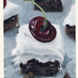 Brownie à la crème et aux cerises, peinture originale sur carton, 17 x 20 cm, 209-2016