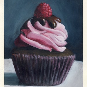 Cupcake à la crème de framboise, peinture originale sur carton, 17 x 20 cm, 125-2017