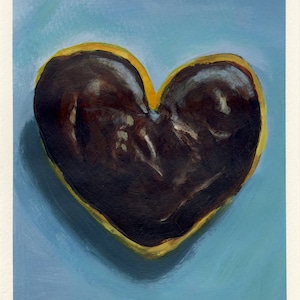 Donut en forme de coeur avec glaçage au chocolat, peinture originale sur carton, 17 x 20 cm, 076-2017