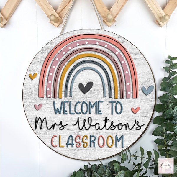 Custom Teacher Welcome Door Sign, Pastel Rainbow Teacher Door Hanger, Classroom Door Decor, Back To School Gift, Teacher Appreciation Gift