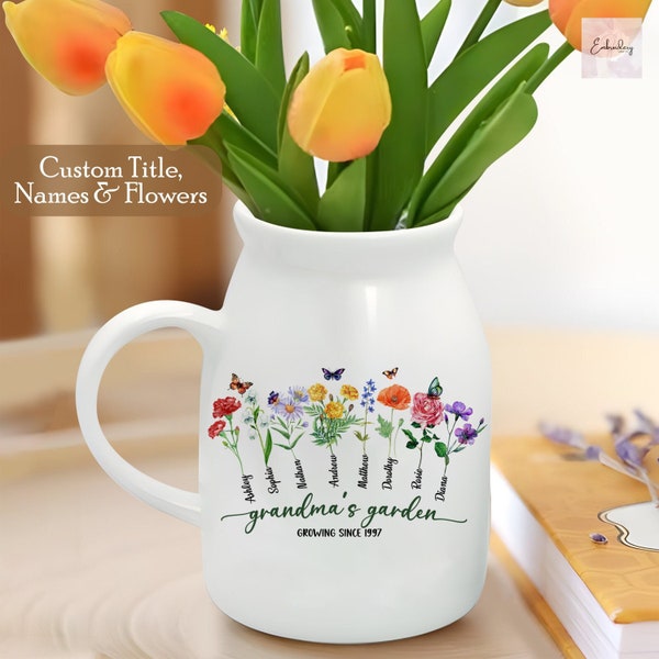 Personalized Grandmas Garden Flower Vase, Custom Birth Month Flower Vase with Grandkids Names, Mothers Day Gift for Gigi, Grandma, Mom, Nana