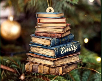 Personalized Vintage Books Ornament, Custom Name Book Lover Ornament, Book Ornament, Bookshelf Ornament, Bookish Ornament, Booktrovert Gifts