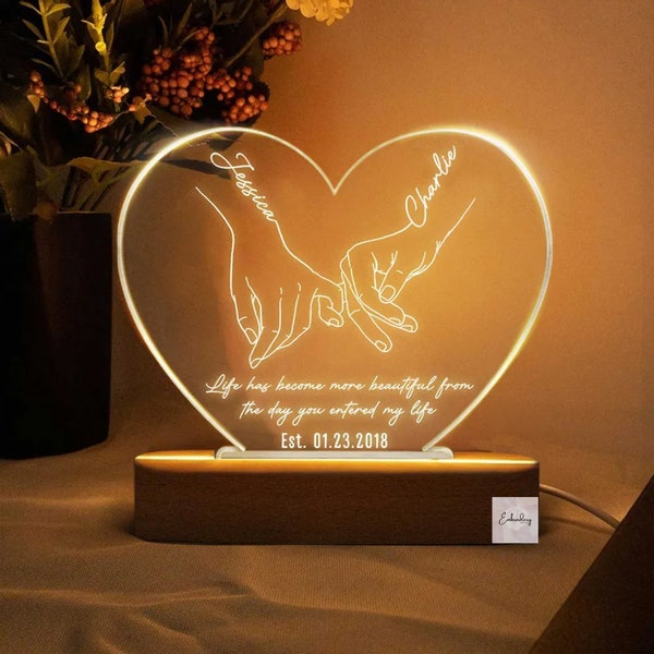 Custom Hand in Hand Line Art Night Light, Custom Couple Anniversary Gift For Boyfriend, Valentines Day Gift For Him, Romantic Bedroom Decor