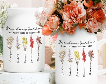 Custom Grandmas Garden Planting Seed Of Greatness Vase, Grandma Flower Vase, Custom Grandkid Name Flower Vase, Mothers Day Gift,Grandma Gift