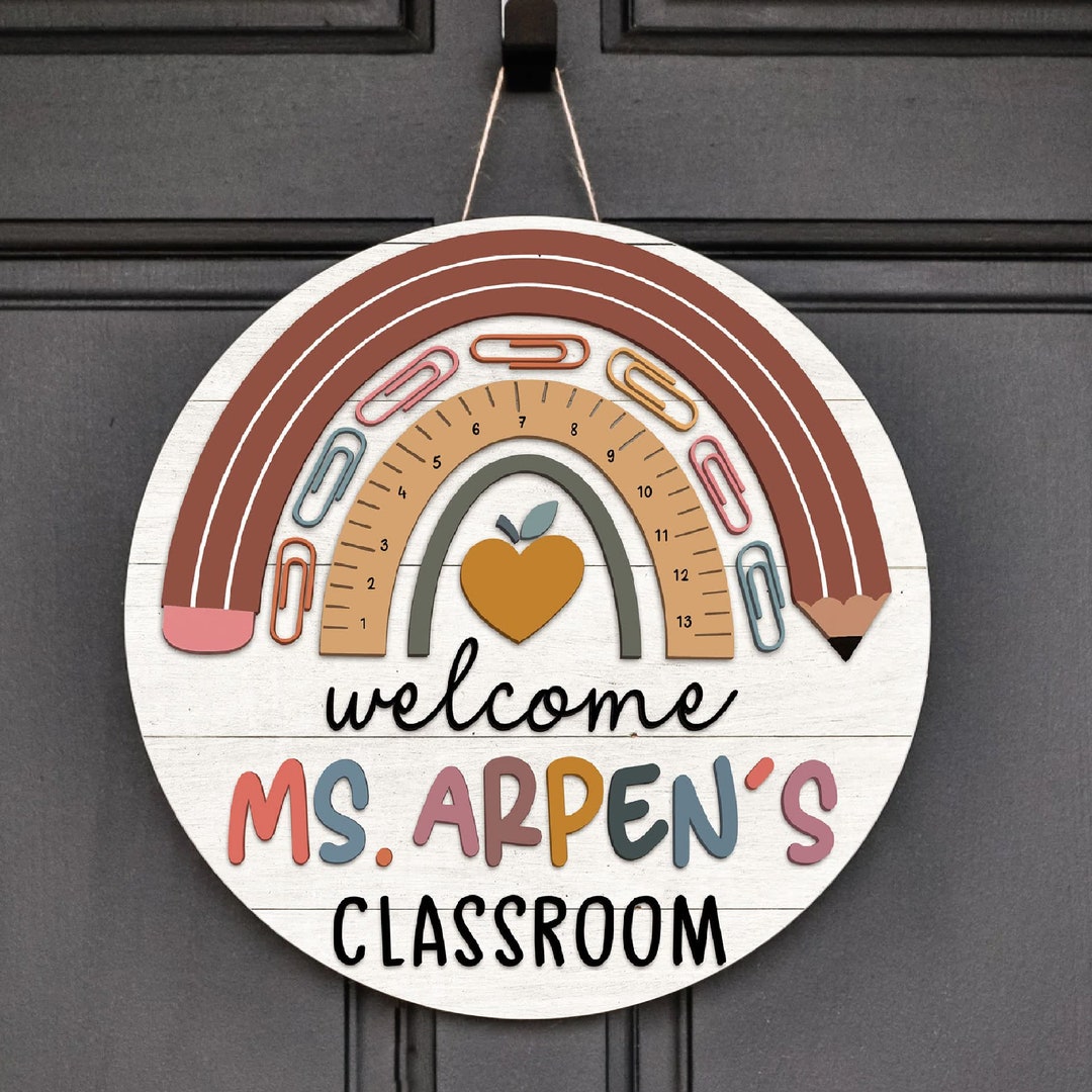 Custom Teacher Welcome Door Sign, Pastel Rainbow Teacher Door Hanger ...