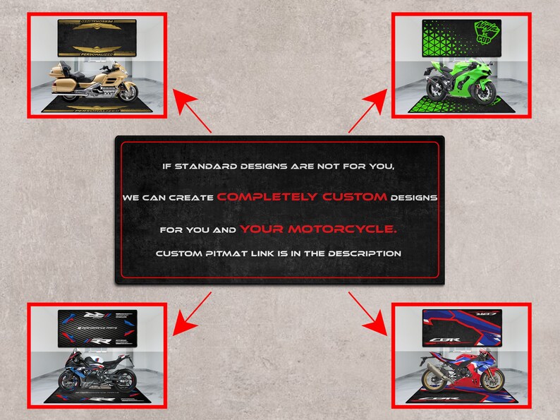 Puede incluir: Cuatro alfombras de garaje para motocicletas con dise&ntilde;os personalizados. Cada alfombra presenta una motocicleta, con un logotipo y texto sobre la motocicleta. El texto dice: "SI LOS DISE&Ntilde;OS EST&Aacute;NDAR NO SON PARA TI, PODEMOS CREAR DISE&Ntilde;OS COMPLETAMENTE PERSONALIZADOS PARA TI Y TU MOTOCICLETA. EL ENLACE A LA ALFOMBRA PERSONALIZADA EST&Aacute; EN LA DESCRIPCI&Oacute;N."