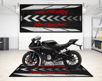 Personalized Yamaha Motorcycle Pit Mat for R1, R6, R7, R25 & other Yamaha models. Perfect gift for sports motorbike enthusiasts.