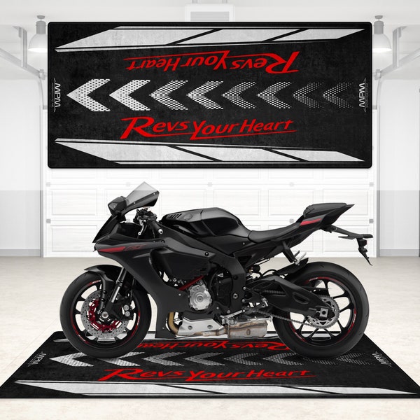 Personalized Yamaha Motorcycle Pit Mat for R1, R6, R7, R25 & other Yamaha models. Perfect gift for sports motorbike enthusiasts.