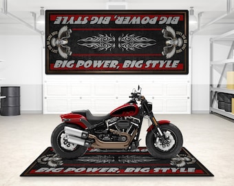 Garage Mat for "Big Power, Big Style" for Cruiser, Chopper and Harley Davidson Motorcycle, Personalized Display Mat, Gift Bike Riders