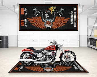 Garage Mat for "Skull" for Harley Davidson Personalized Bottom Rug Motorcycle Floor, Gift for Women and Men Chopper MotorBike Riders