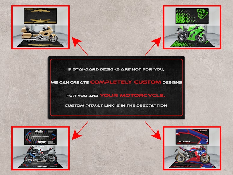 Op de afbeelding: Vier verschillende motorfiets pitmatten met aangepaste ontwerpen. De matten tonen elk een motorfiets, met een logo en tekst boven de motorfiets. De tekst luidt "ALS STANDAARDONTWERPEN NIET VOOR U ZIJN, KUNNEN WE VOLLEDIG AANGEPASTE ONTWERPEN MAKEN VOOR U EN UW MOTORFIETS. DE LINK NAAR DE AANGEPASTE PITMAT STAAT IN DE BESCHRIJVING."