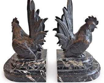 Rooster Bookends Pair, Carlos Van Dionant Signed Bronze Cockerels on Green Marble — Belgian, Early 20th Century