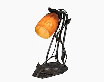 Art Deco Wrought Iron Lamp: Daum Nancy Marbled Glass, 1925 French Lighting