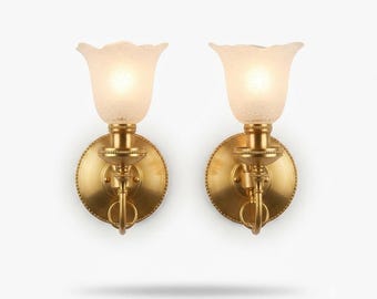 Vintage Brass Wall Sconces, Frosted Textured Tulip Glass Shades, Pair