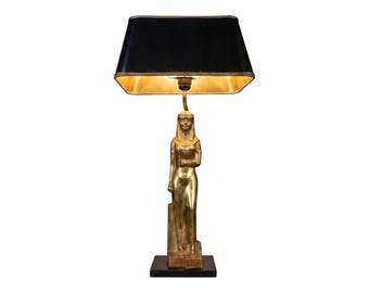 Art Deco Egyptian Revival Lamp: Bronze Woman Sculpture, 1970s Vintage Home Decor