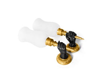 Art Deco Brass Torch Sconces, Fist-Holding Design | 1930s Solid Brass Wall Lights | Rare Statement Lighting, Pair