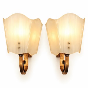 Vintage Pair of French Art Deco Copper-Tone Scroll Wall Sconces with White Ribbed Shades