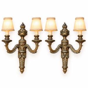 Vintage Pair of Louis XVI Style Silver-Tone Two-Arm Wall Sconces with Flame Urn and Drapery