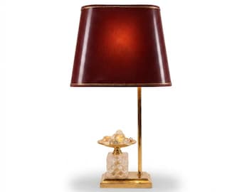Vintage 1970s French Table Lamp, Red Tole Shade, Cut Glass Base with Glass Fruit Accent