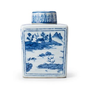 Vintage Small Blue and White Glazed Ceramic Lidded Pot, Chinoiserie Style Landscape Decoration