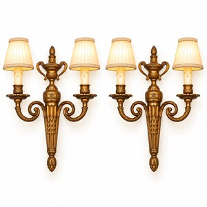 Vintage Pair of Louis XVI Style Bronze-Tone Two-Arm Wall Sconces with Urn Crest