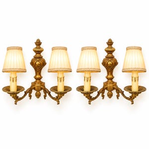 Vintage Pair of Louis XV Style Gilt Metal Two-Arm Wall Sconces with Deep Drip Pans