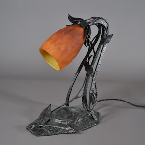 Art Deco 1925 Wrought Iron Lamp – Daum Nancy Signed Glass – Vintage French Table Light – Antique Marbled Glass Lighting – Bedside Lamp