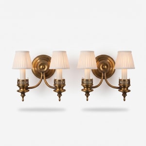 Pair of French Style Gilt Metal Two-Light Wall Sconces – Scrolled Arms, Pierced Galleries