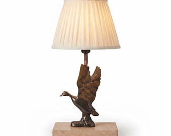 Vintage Duck Desk Lamp, Sculpted Bronze-Toned Metal Bird, Travertine Base, 1970s