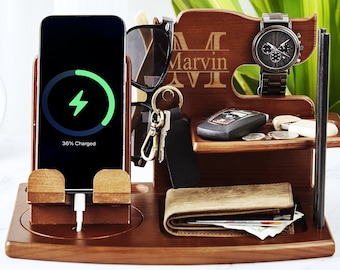 Geschenk für Männer Docking-Station, benutzerdefinierte Holz Telefon-Docking-Station, hält alle persönlichen Gegenstände organisiert, Geschenk für ihn Ehemann, Vatertagsgeschenk