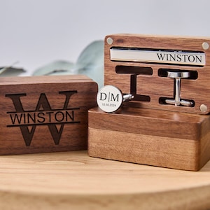 Cufflinks Tie Clip Box for Groomsmen, Personalized Cufflinks Tie Clip Set, Monogram Wedding Accessories for Best Man,Father,Ushers