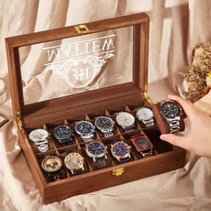 Gepersonaliseerde horloge-opbergdoos, cadeaus bruidsjonkers, aangepaste horlogedoos voor mannen, horlogekast, jubileumcadeau voor man, vriend, kerstcadeaus
