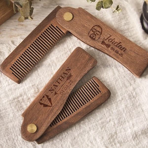 Peine grabado personalizado, peine de barba plegable de madera, regalo de padrino, regalo de San Valentín, ligero y portátil, regalo de cuidado perfecto para hombres
