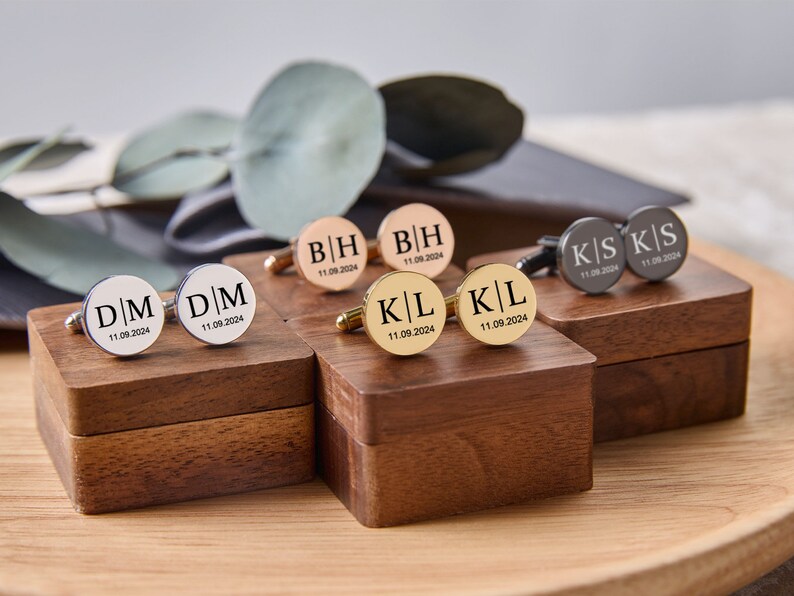 Boîte personnalisée de boutons de manchette en bois, boutons de manchette personnalisés pour le meilleur homme, cadeau de marié, cadeau de jour de mariage de bouton de manchette, cadeau de Saint-Valentin pour les hommes, mari image 3