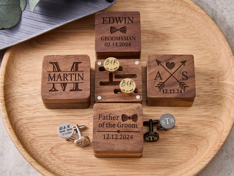 Boîte personnalisée de boutons de manchette en bois, boutons de manchette personnalisés pour le meilleur homme, cadeau de marié, cadeau de jour de mariage de bouton de manchette, cadeau de Saint-Valentin pour les hommes, mari image 5