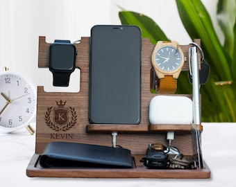 Engraved Docking Station Wooden Charging Station Organizer Personalized Docking Station Custom Mens Desk Organizer Wood Phone Stand Dad Gift