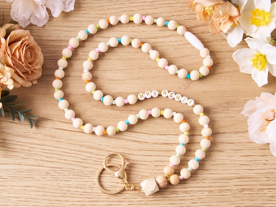 Personalized Boho Wooden Bead Lanyard, Teacher Badge Holder,Custom Teacher Name Gift,Teacher ID Lanyard with Name,Teacher Appreciation Gifts