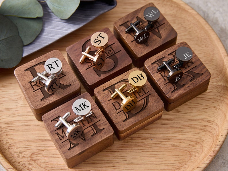 Personalisierte Manschettenknöpfe Groomsmen Geschenke Metall Manschettenknöpfe mit Holzbox Hochzeitstag Manschettenknöpfe Geschenk Junggesellenabschied Geschenk für Ehemann Bild 9