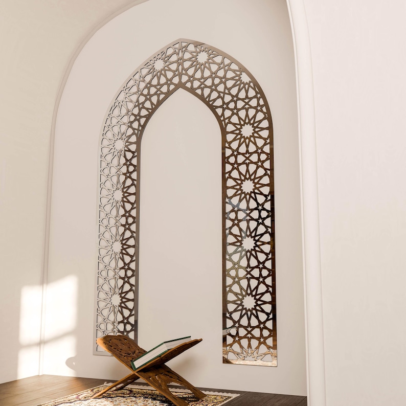 Wooden Mihrab Islamic Wall Art Mehraab for Muslim Prayer Room Ramadan Decoration Moroccan Decorative Panel Eid Gift Silver