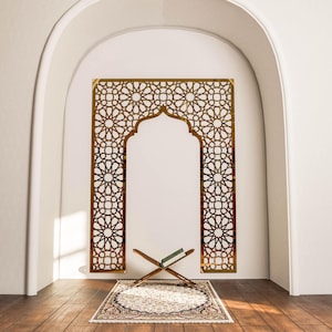 Mihrab, islamska sztuka ścienna, duży mehraab, dekoracja ramadanowa, marokański drewniany panel dekoracyjny, muzułmański pokój modlitewny, prezent na parapetówkę zdjęcie 10
