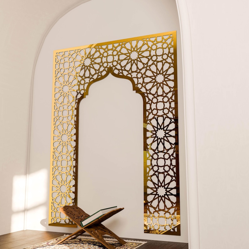 Mihrab, islamska sztuka ścienna, duży mehraab, dekoracja ramadanowa, marokański drewniany panel dekoracyjny, muzułmański pokój modlitewny, prezent na parapetówkę Gold