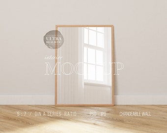 Wooden Frame Mockup, 5x7 Wallpaper Mockup, Frame Mockup DIN A4, Vertical Frame Mockup, Digital Frame For Prints, Tall Frame on Wooden Floor