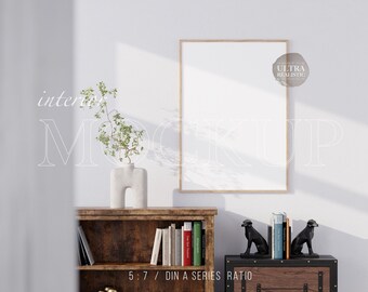 Wooden Frame Mockup, 5x7 Wall Art Mockup, Frame Mockup DIN A4, Print Frame Mockup, Digital Frame For Posters, Frame Mockup In Home Interior