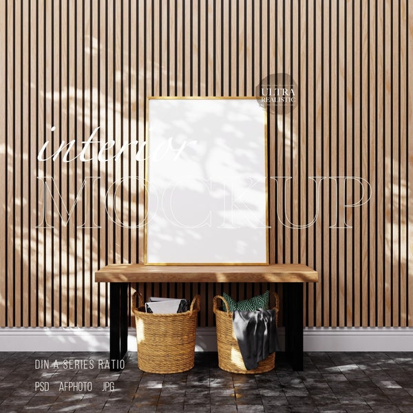 Single Frame Mockup, Acoustic Slat Wood Wall, Interior Mockup, Realistic Frame Mockup, Mockup For DIN A Art, Digital Art Mockup, Wood Frame