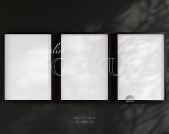 3 Black Frame Mockup, Three A4 Modern Digital Mockup on Wall, 5x7 Minimalist Black Framed Art Display, Simple Vertical Frame Template PSD