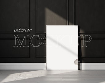 Large Frame Mockup, Poster Mockup, Wooden Frame, Vertical Frame Mockup, Classic Dark Wall Paneling Mockup, Modern Mid-Century Print Mockup