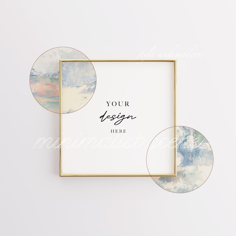 Puede incluir: Un marco dorado con fondo blanco y el texto "YOUR design HERE" en su interior. El marco est&aacute; rodeado por dos c&iacute;rculos de acuarela en tonos azules, rosas y blancos.