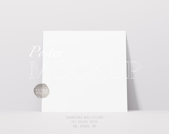 May include: A white poster mockup with a subtle shadow on a white surface. The text "Poster Mockup" is written in white on the poster. The text "Ultra Realistic" is written in white on a gray circle.