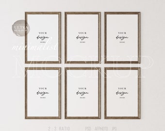 6 frame mockups, donker houten frame mockup, antieke frame mockup, 2x3 frame mockup, gestileerde mockup digitale fotolijst, PSD frame mockup voor afdrukken