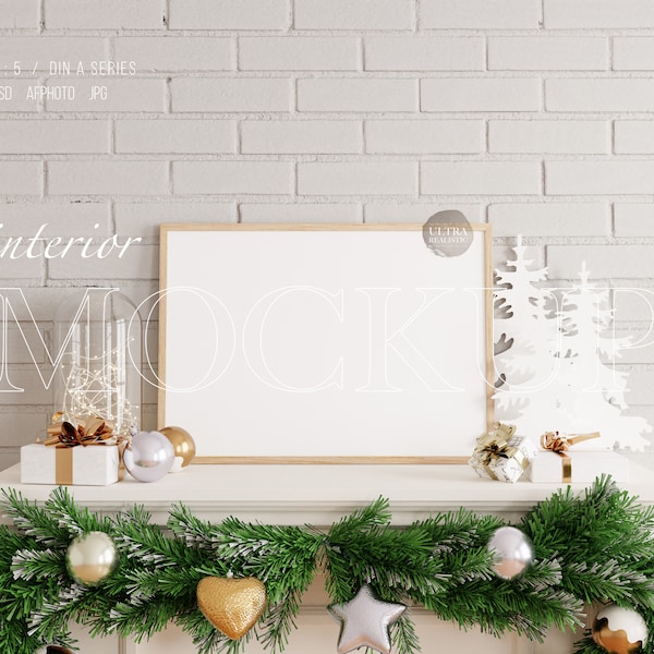 7x5 Frame Mockup for Christmas Boxing Day, Fireplace Wooden Frame Mockup Wall Art, Horizontal Winter Xmas Artwork Digital Prints Poster Shop